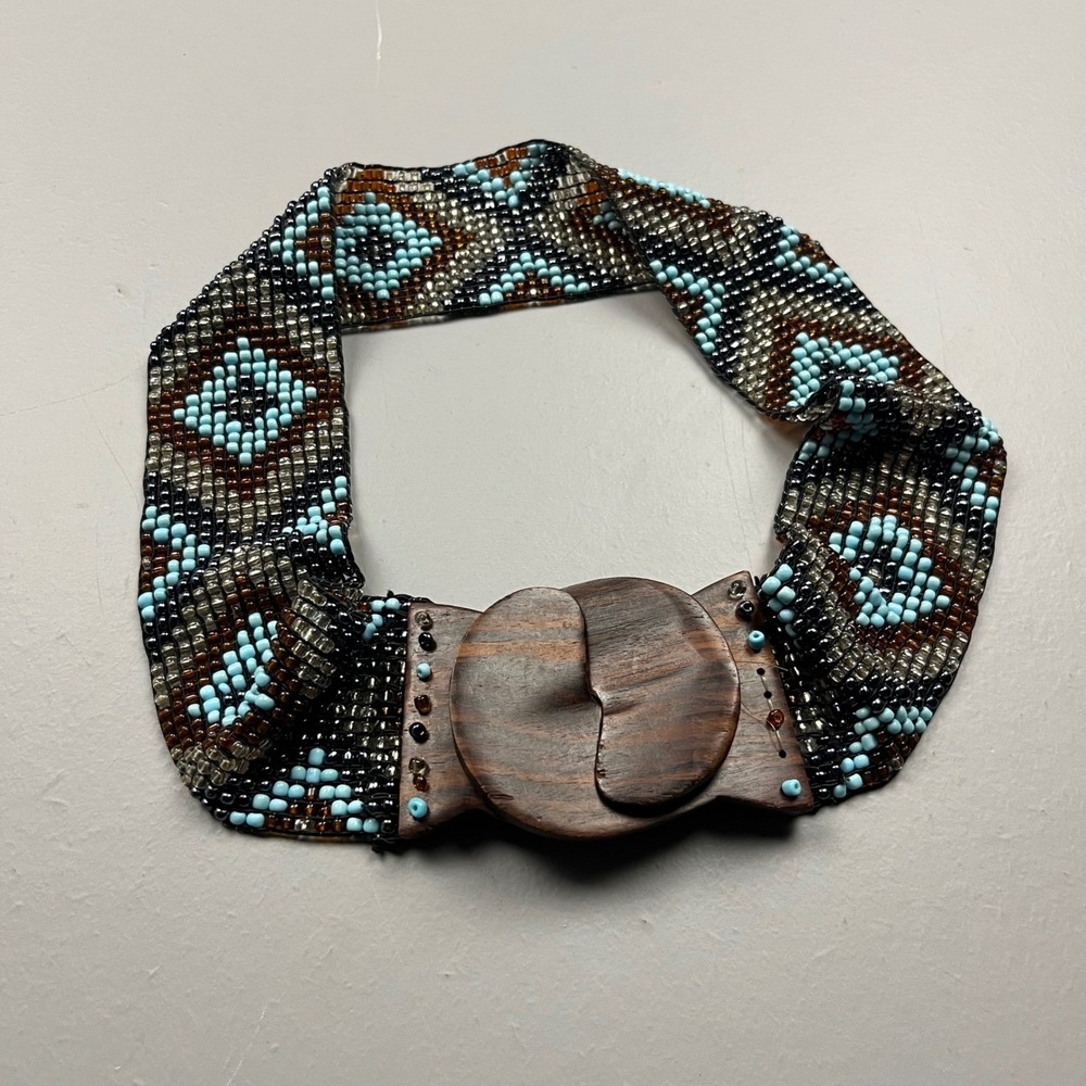 Vintage Y2k Beaded Geometric Waist Belt Women Medium Blue Brown Wood Clasp Boho